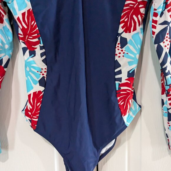 US Polo Assn. Women's Floral Long Sleeve Swimsuit, Navy, Size M (7-9), Tie Back - Picture 3 of 16
